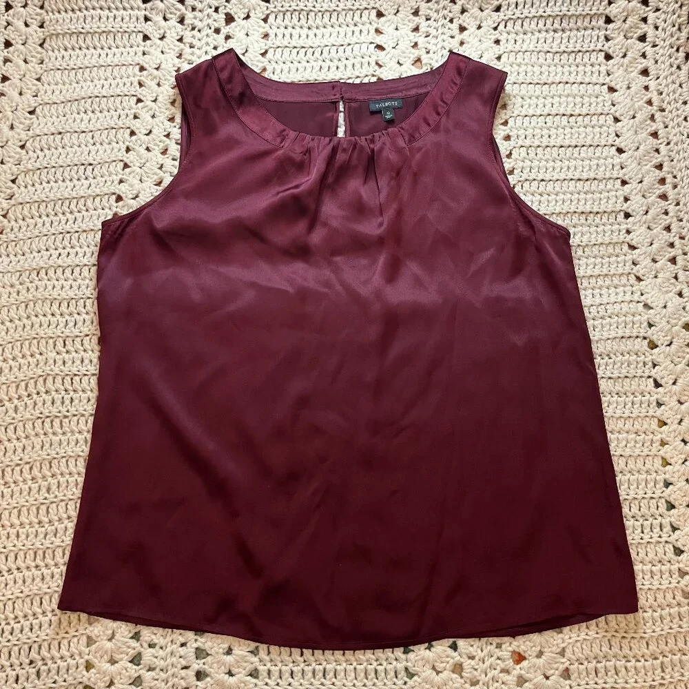 Talbots 100% Silk Gathered Neck Sleeveless Shell Burgandy Size 12 - Picture 1 of 7
